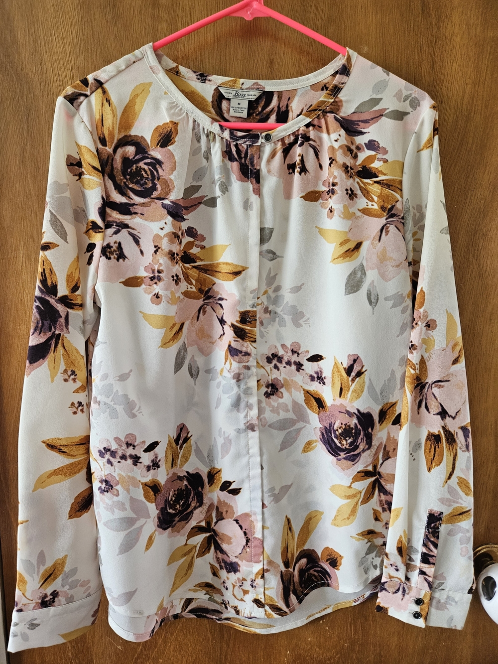 Bass Floral Button-Front Blouse in White, Gold, and Mauve